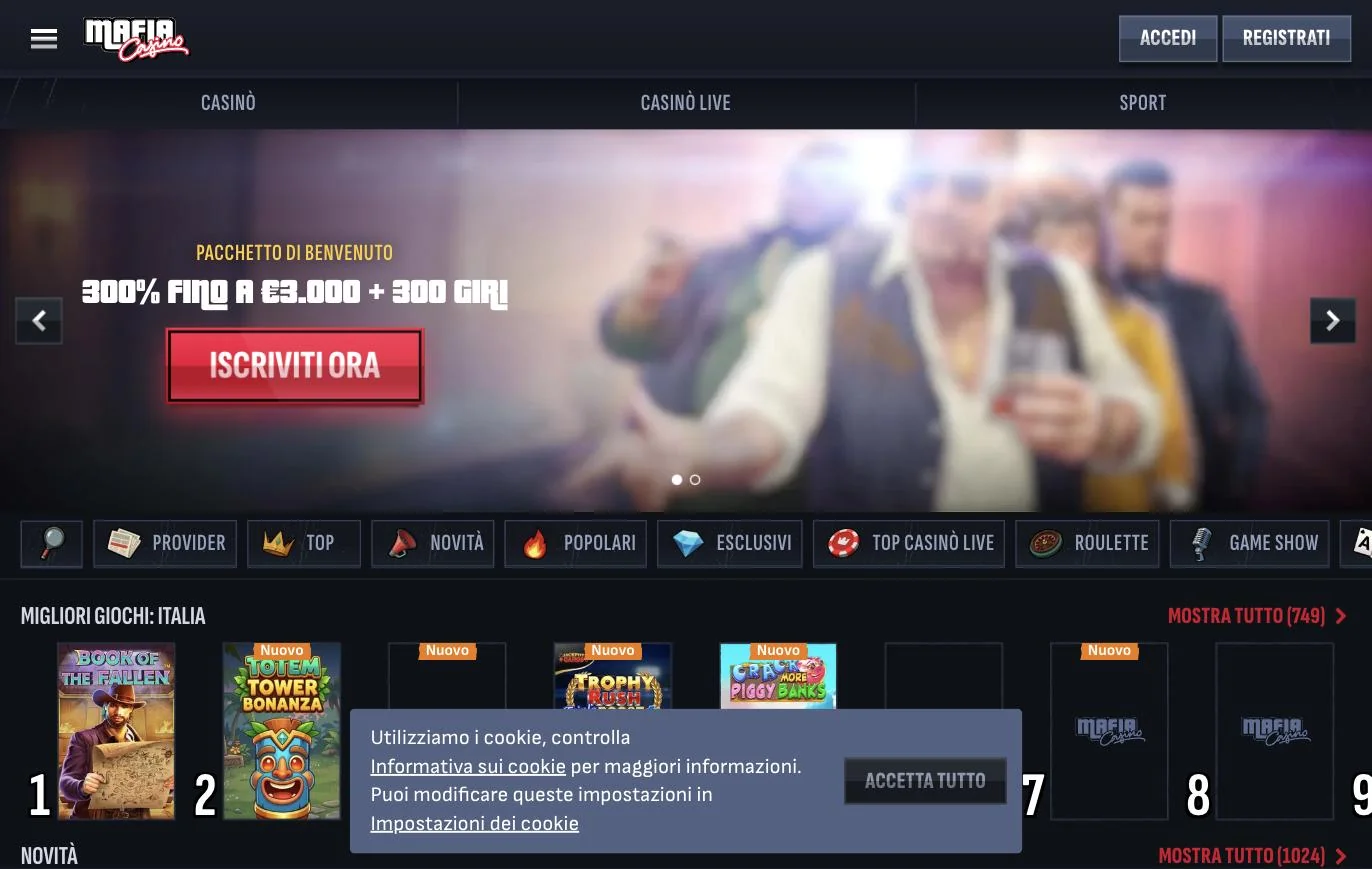 Homepage di Mafia Casino con banner del bonus di benvenuto 300% fino a 3.000 euro