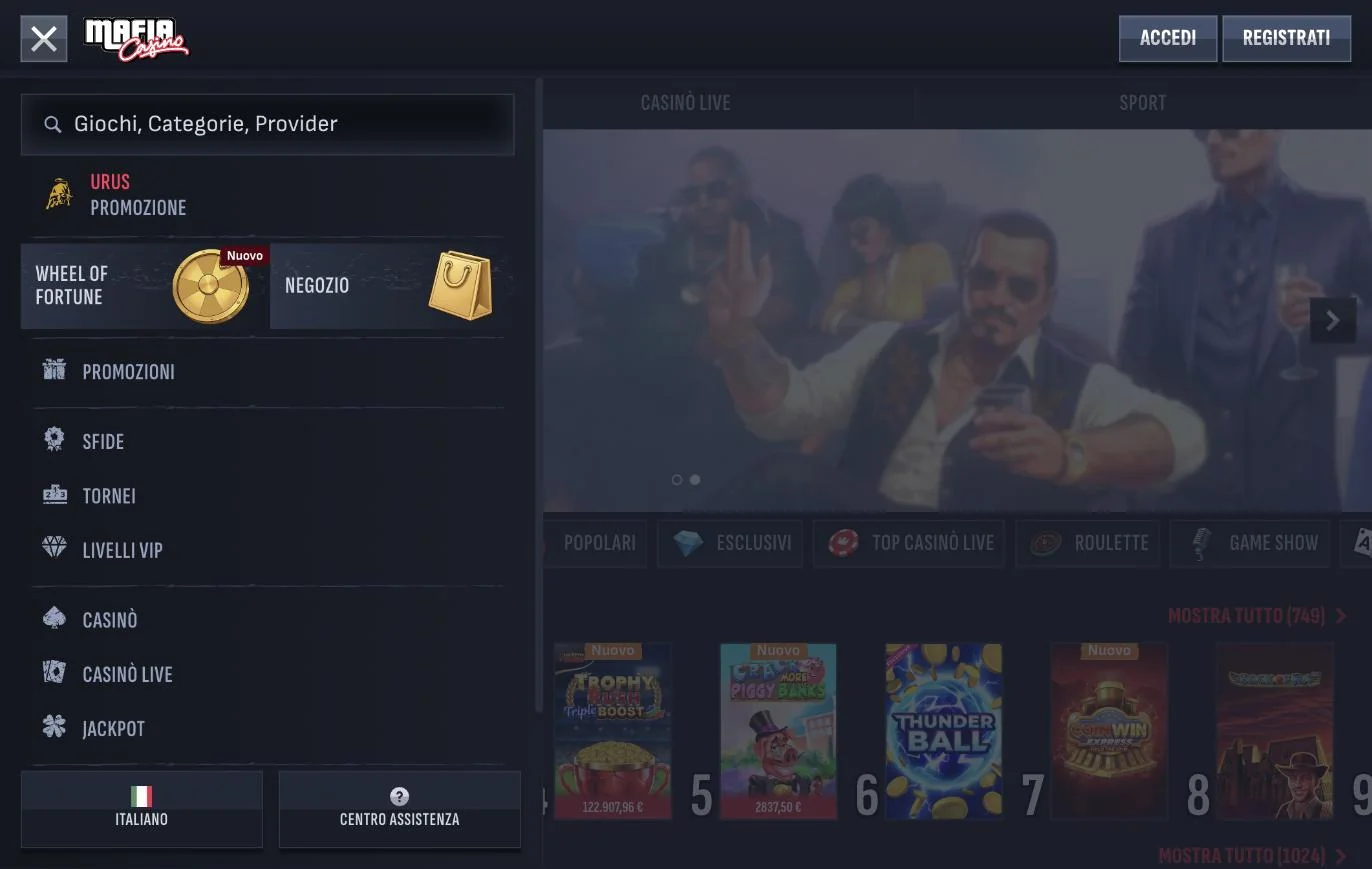 Menu di navigazione di Mafia Casino con le sezioni Promozioni, Sfide, Tornei, Livelli VIP e Casin&ograve;