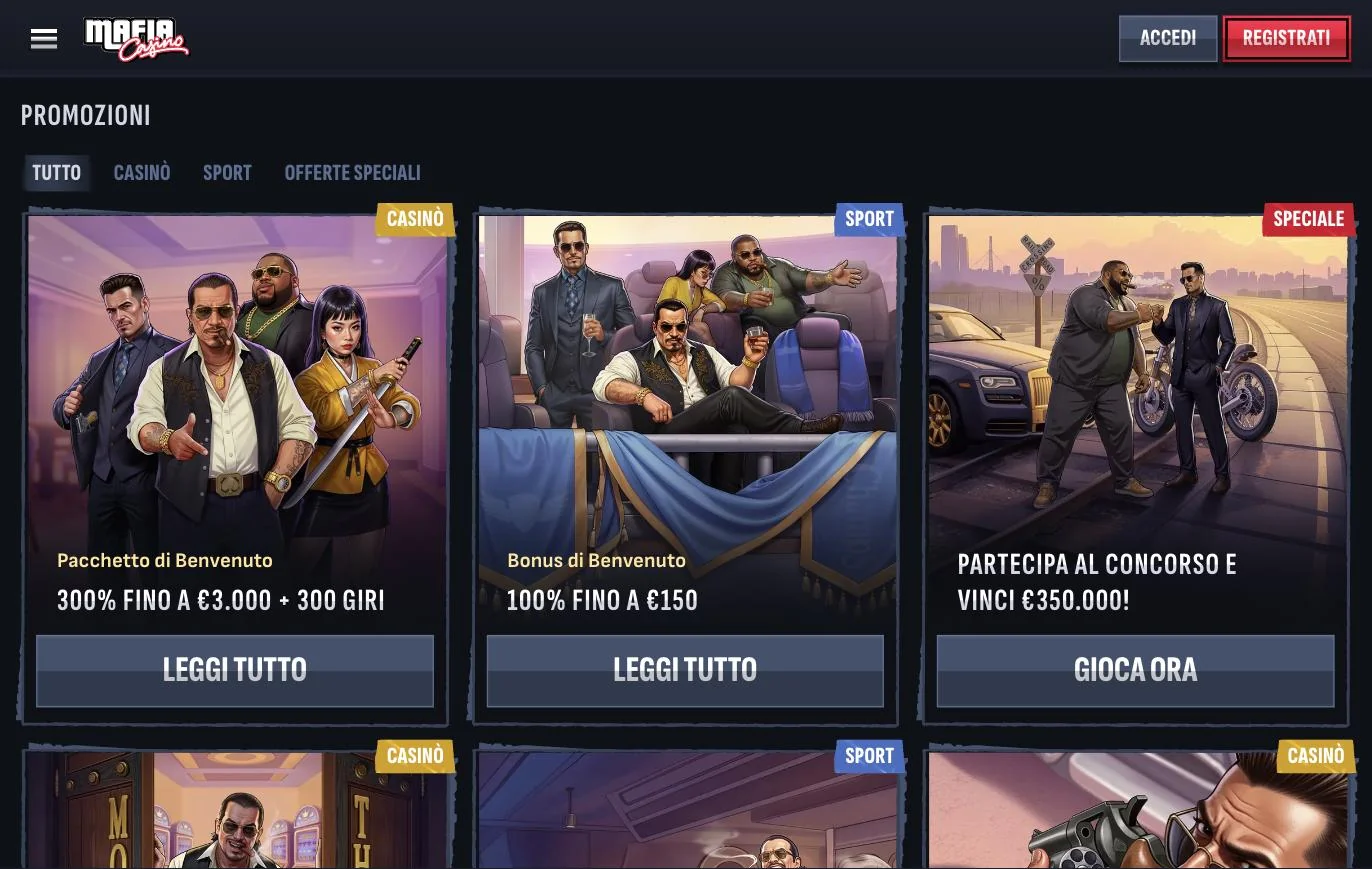 Pagina delle promozioni di Mafia Casino con bonus casin&ograve;, bonus sport e concorso a premi