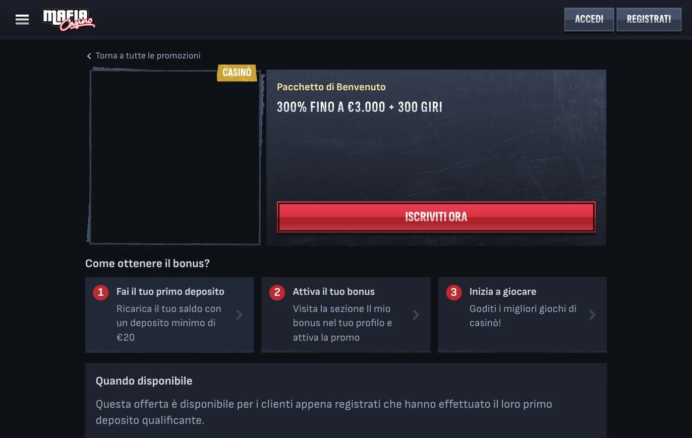 Pagina dettagliata del bonus di benvenuto casin&ograve; di Mafia Casino con i tre passaggi per attivarlo