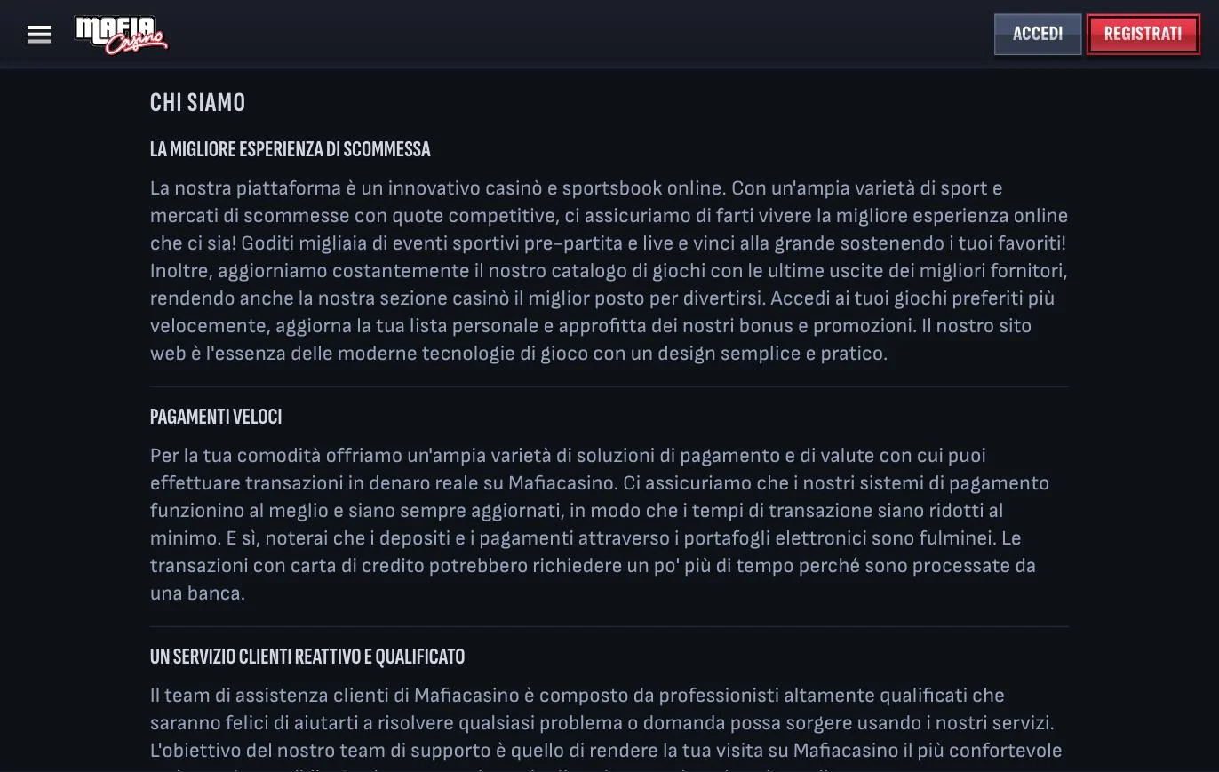 Pagina Chi Siamo di Mafia Casino con il posizionamento della piattaforma e la dichiarazione sulla politica AML