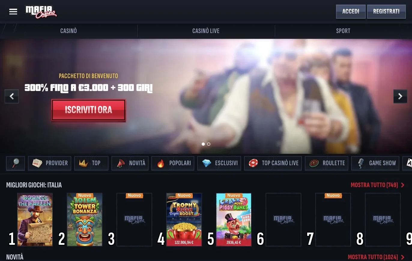 Griglia di slot e giochi popolari sulla homepage di Mafia Casino con jackpot in tempo reale
