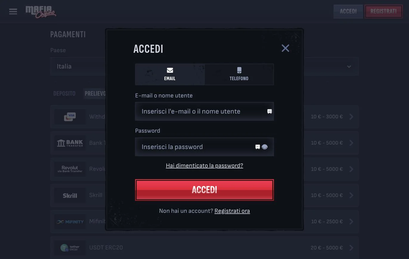 Finestra di login di Mafia Casino con campi email o nome utente e password